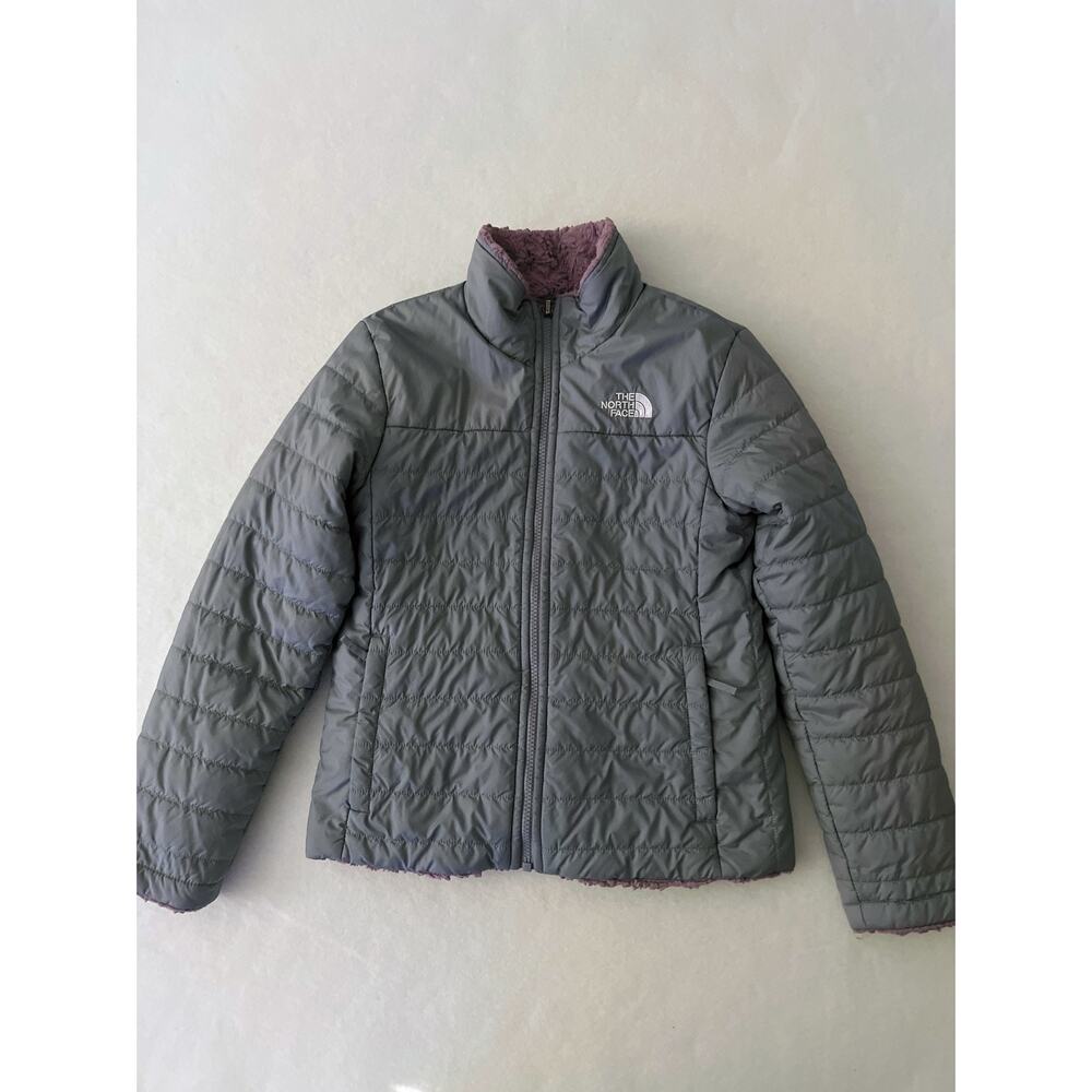 The North Face Jacket Girls 10/12 Gray Fleece Lined Puffer Full Zip Reversible